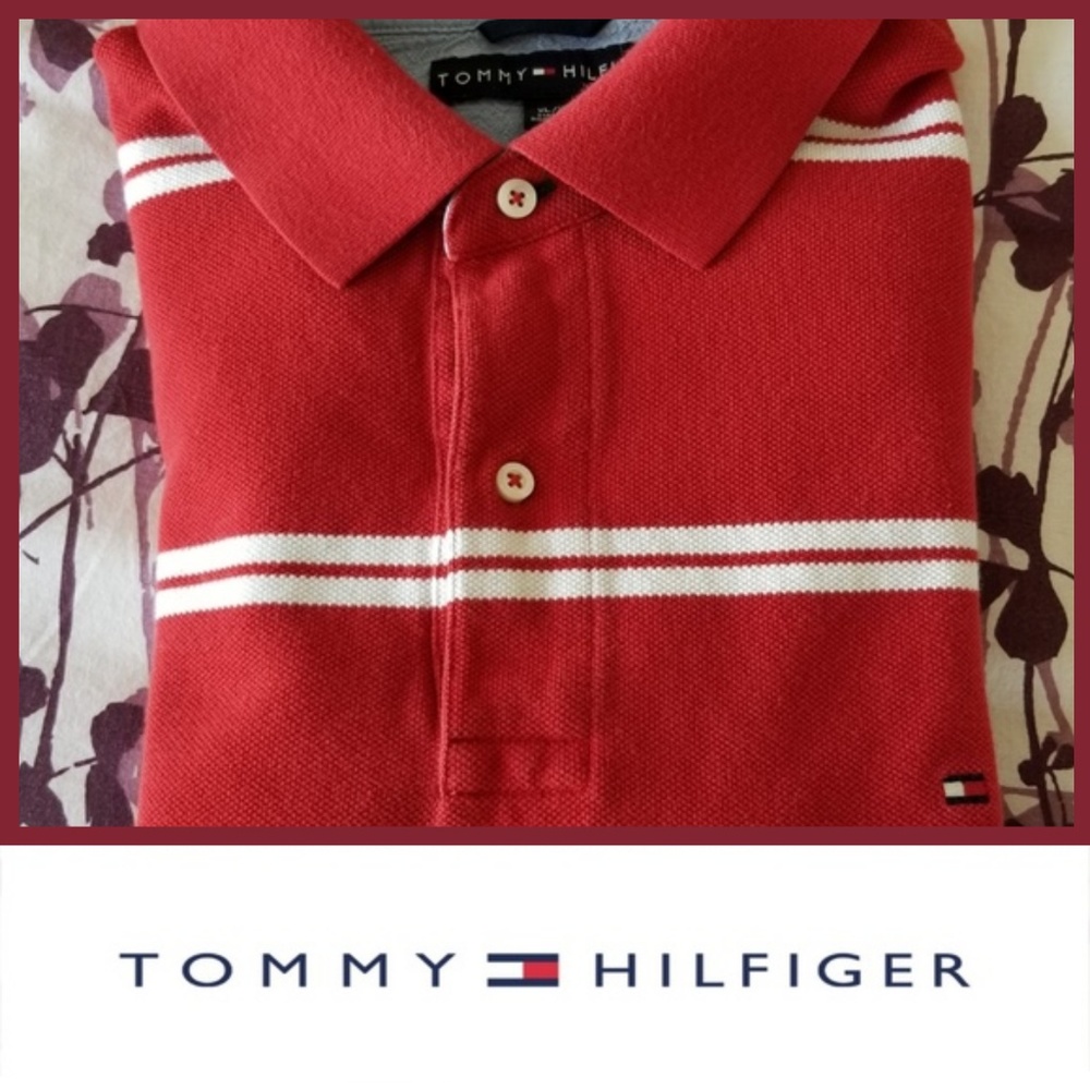 RED STRIPED TOMMY HILFIGER POLO SHIRT - CHEAP/USED